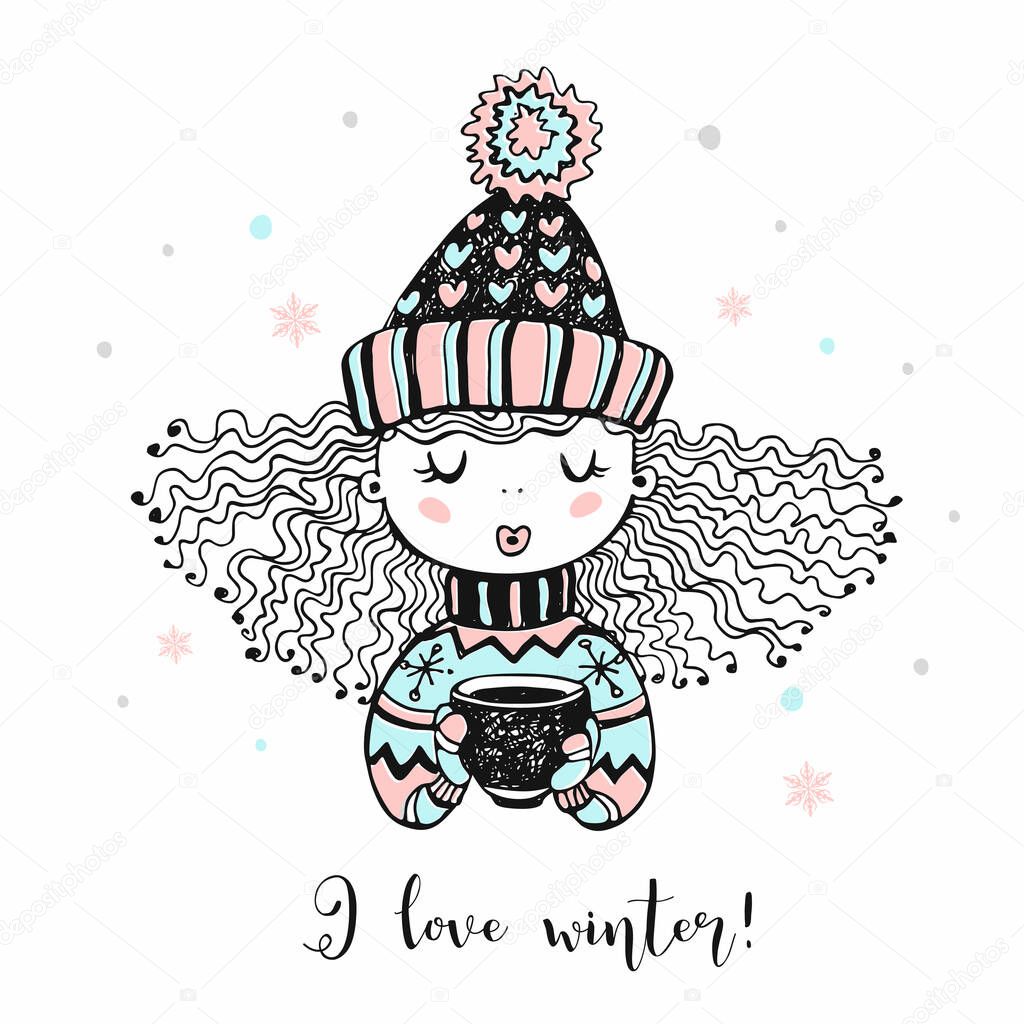 Cute girl in a knitted hat and mittens drinking hot coffee. Vector. Hello winter.