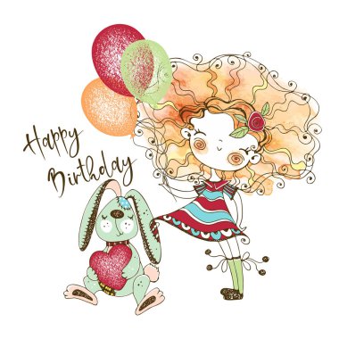 Sulu boya ve Doodle tarzı bir tavşanı olan kızıl saçlı güzel bir kızın doğum günü kartı. Vektör