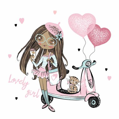 Pembe bereli tatlı esmer bir genç kız kalp balonlarıyla scooterının yanında duruyor. Sevgililer günü kartları. Vektör