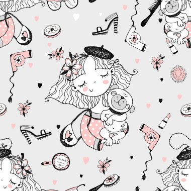 Yetişkinler gibi görünmek isteyen modaya uygun küçük şirin kızlar. Kadın aksesuarlı modacılar. Kusursuz desen. Vektör.