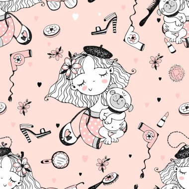 Küçük köpekli sevimli bir kızla kusursuz bir şablon. Vektör.