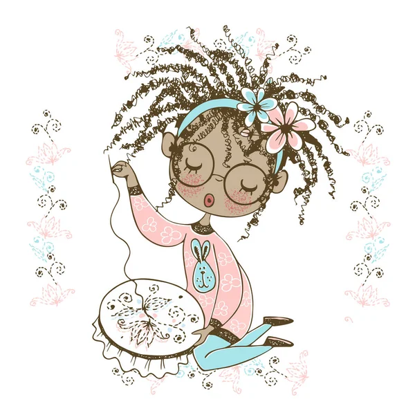 一个漂亮的黑人姑娘正在做针线活 在钩子上绣了一个漂亮的花纹 — 图库矢量图片