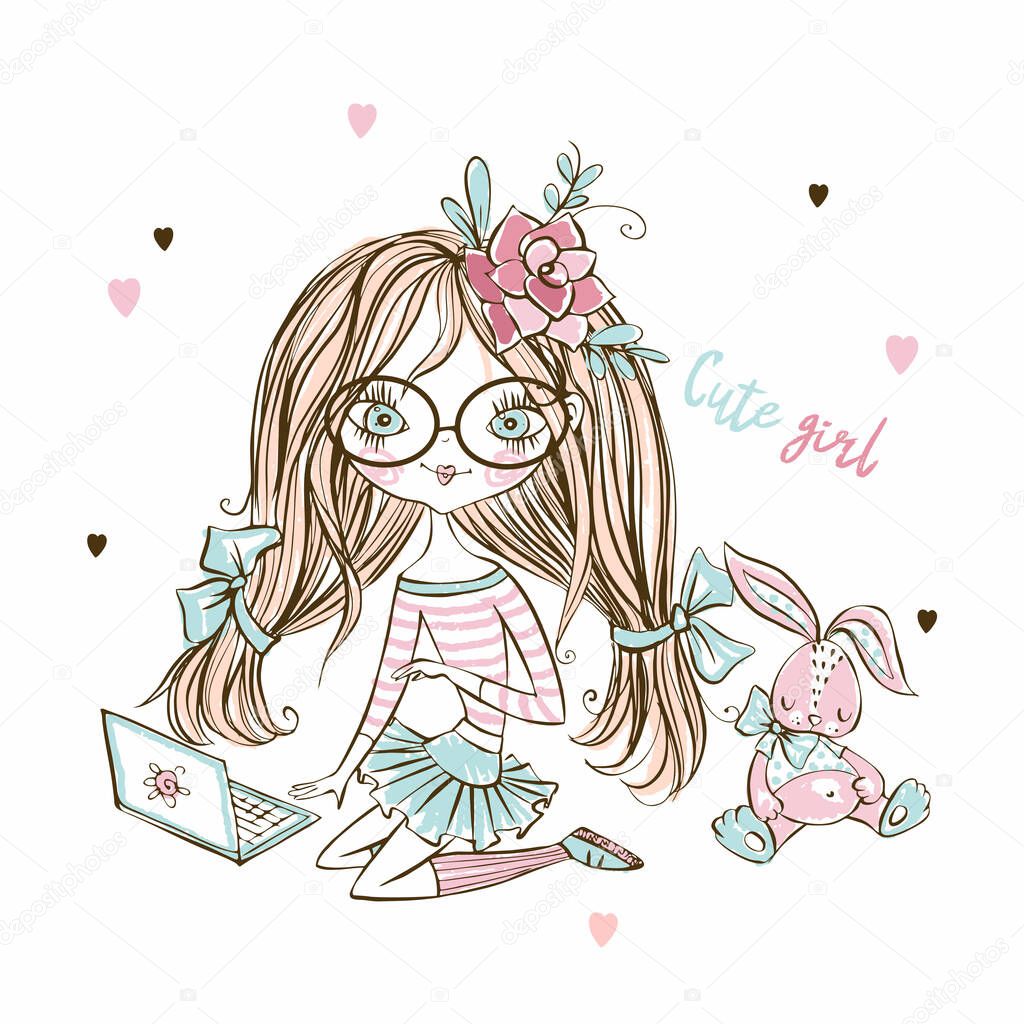 Cute fashionista teen girl in with laptop and Bunny toy. Vector