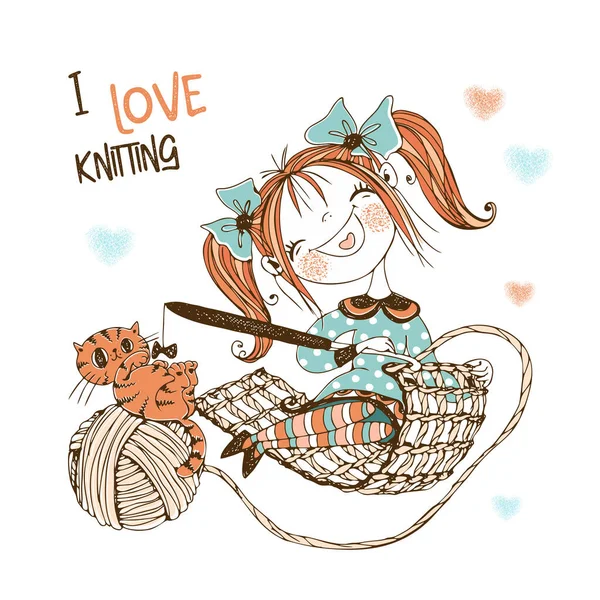 Cute Girl Needlewoman Cat Knits Crochet Vector — Stock Vector