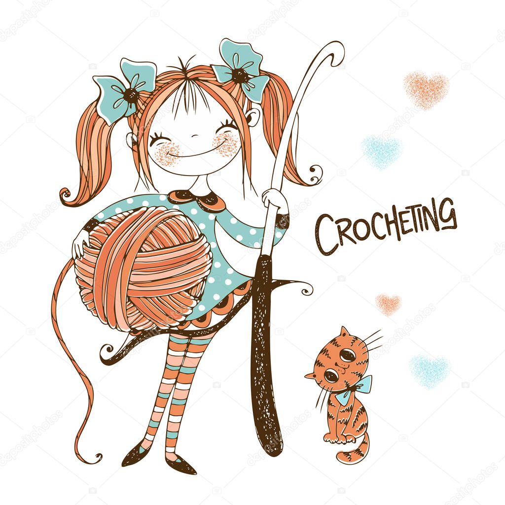 Cute needlewoman girl with a crochet hook in her hands. Vector.