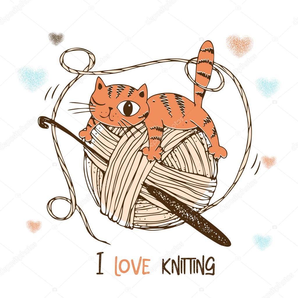 A cat on a ball of yarn. Crochet logo. Vector.