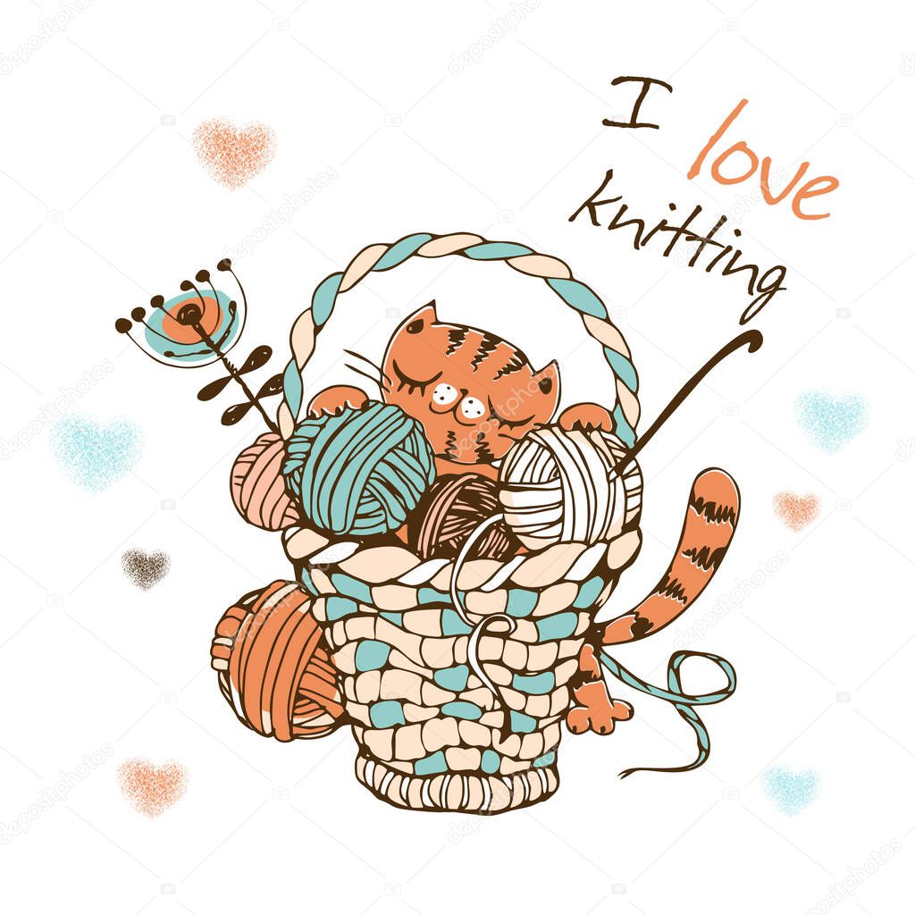 Cute cat with a large basket of balls of yarn for knitting. Vector.