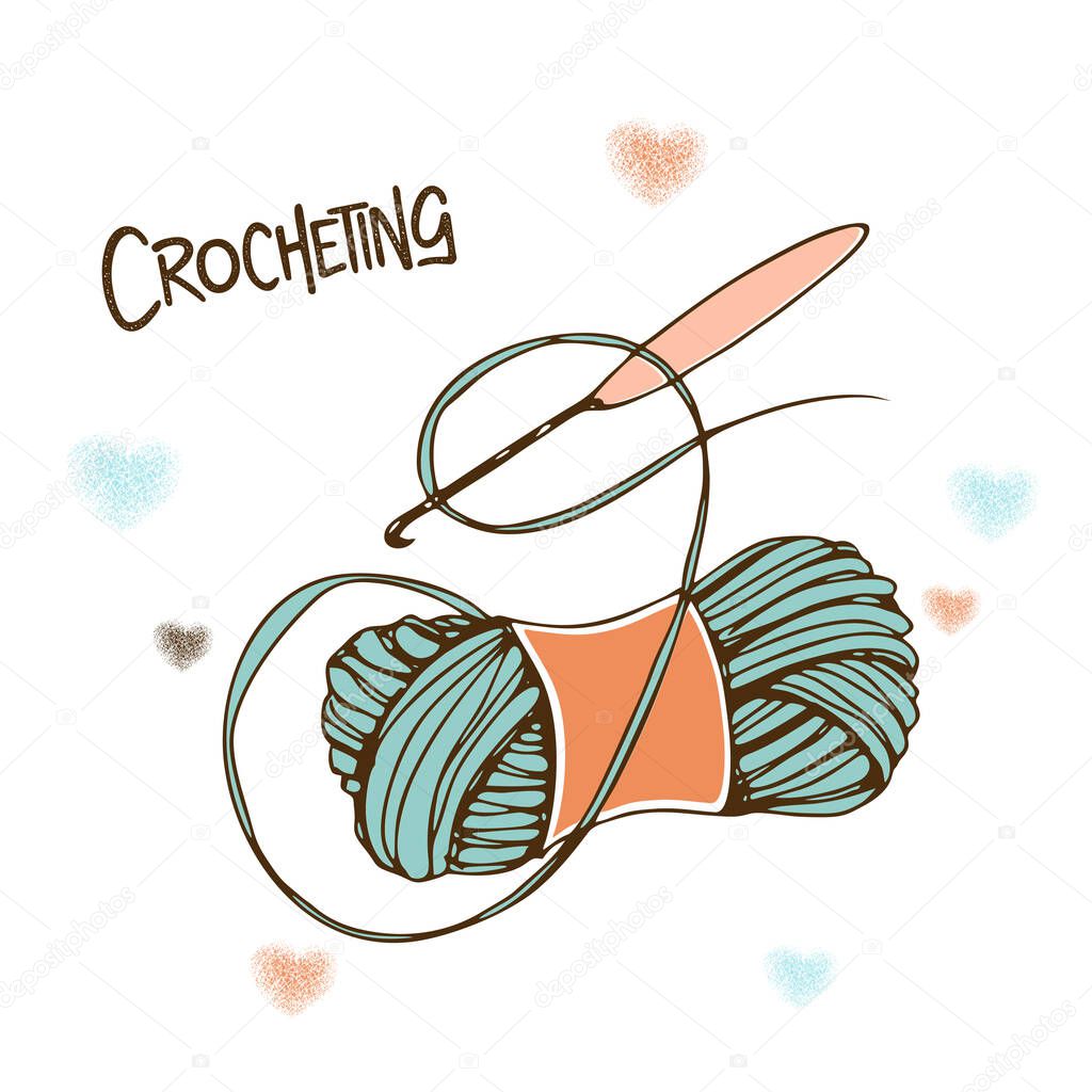 A ball of yarn with a crochet hook. Vector.