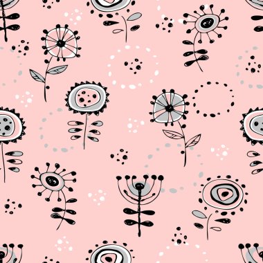 Seamless pattern with cute doodle-style flowers. Pink background. Vector