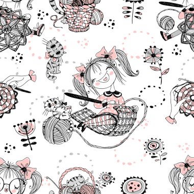 Cute girls needlewomen crochet knitters. Seamless pattern.Vektor