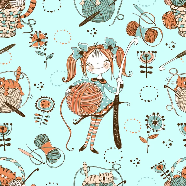 Seamless Pattern Crochet Theme Cute Needlewoman Crochet Hook Vector — Image vectorielle