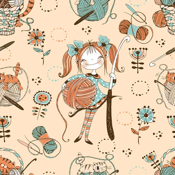 Crocheting Seamless Pattern Cute Needlewoman Crochet Hook Vector — ストックベクタ