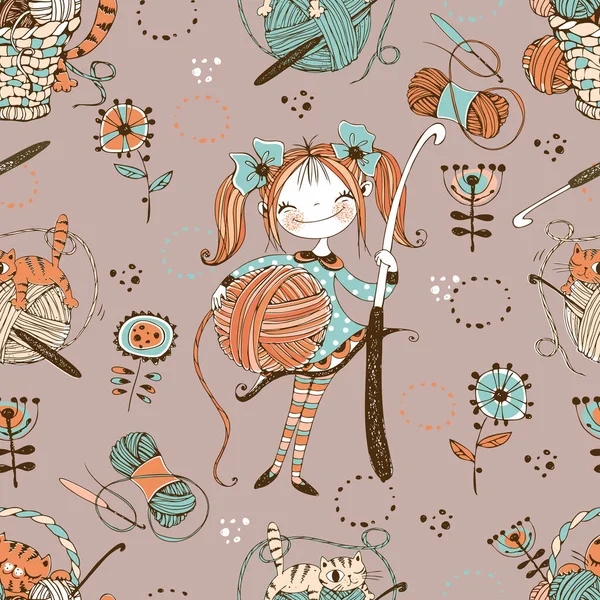 Seamless Pattern Crochet Theme Cute Needlewoman Crochet Hook Vector — 스톡 벡터