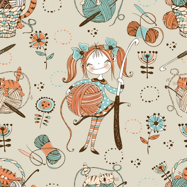 Crocheting Seamless Pattern Cute Needlewoman Crochet Hook Vector — Stock vektor