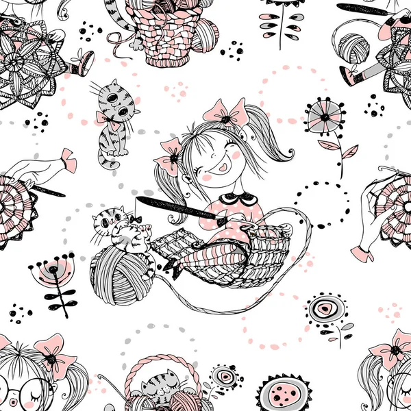 Cute Girls Needlewomen Crochet Knitters Seamless Pattern Vektor — ストックベクタ