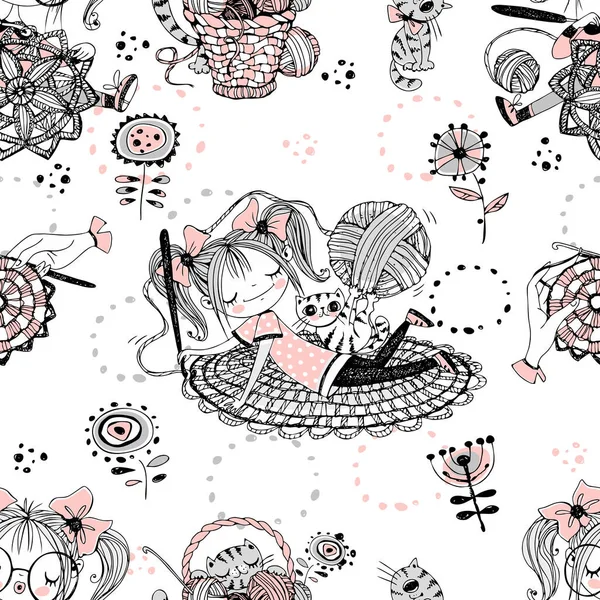 Cute Girls Needlewomen Crochet Knitters Seamless Pattern Vektor — 스톡 벡터