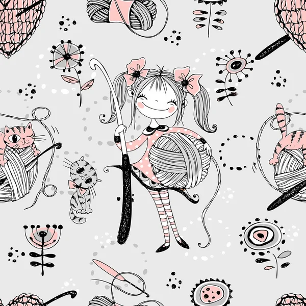 Cute Girls Needlewomen Crochet Knitters Seamless Pattern Vektor — Vetor de Stock