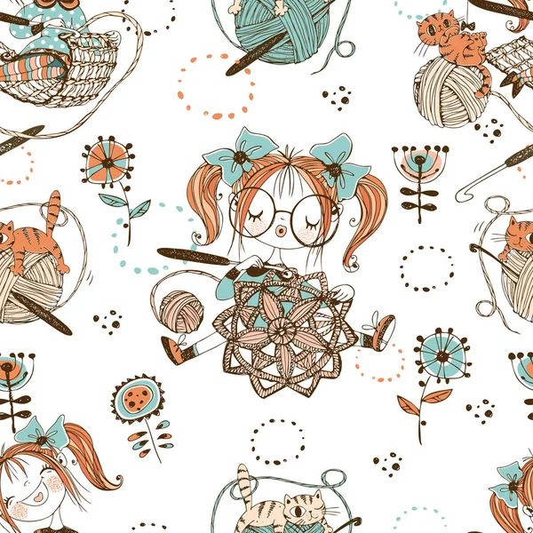 Милые Девушки Вязали Вязальщицы Вязальщиц Seamless Pattern Vektoryucute Girls Needlewomen — стоковый вектор