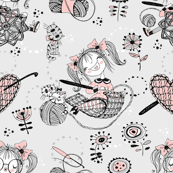 Cute Girls Needlewomen Crochet Knitters Seamless Pattern Vektor — 图库矢量图片