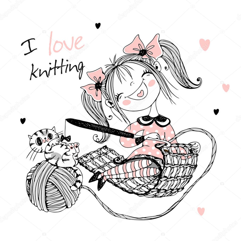 Cute girl needlewoman with a cat knits crochet. Vector.