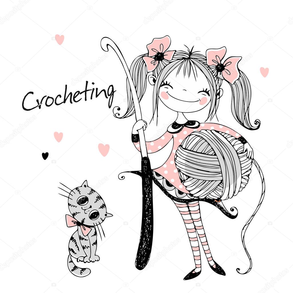 Cute needlewoman girl with a crochet hook in her hands. Vector.