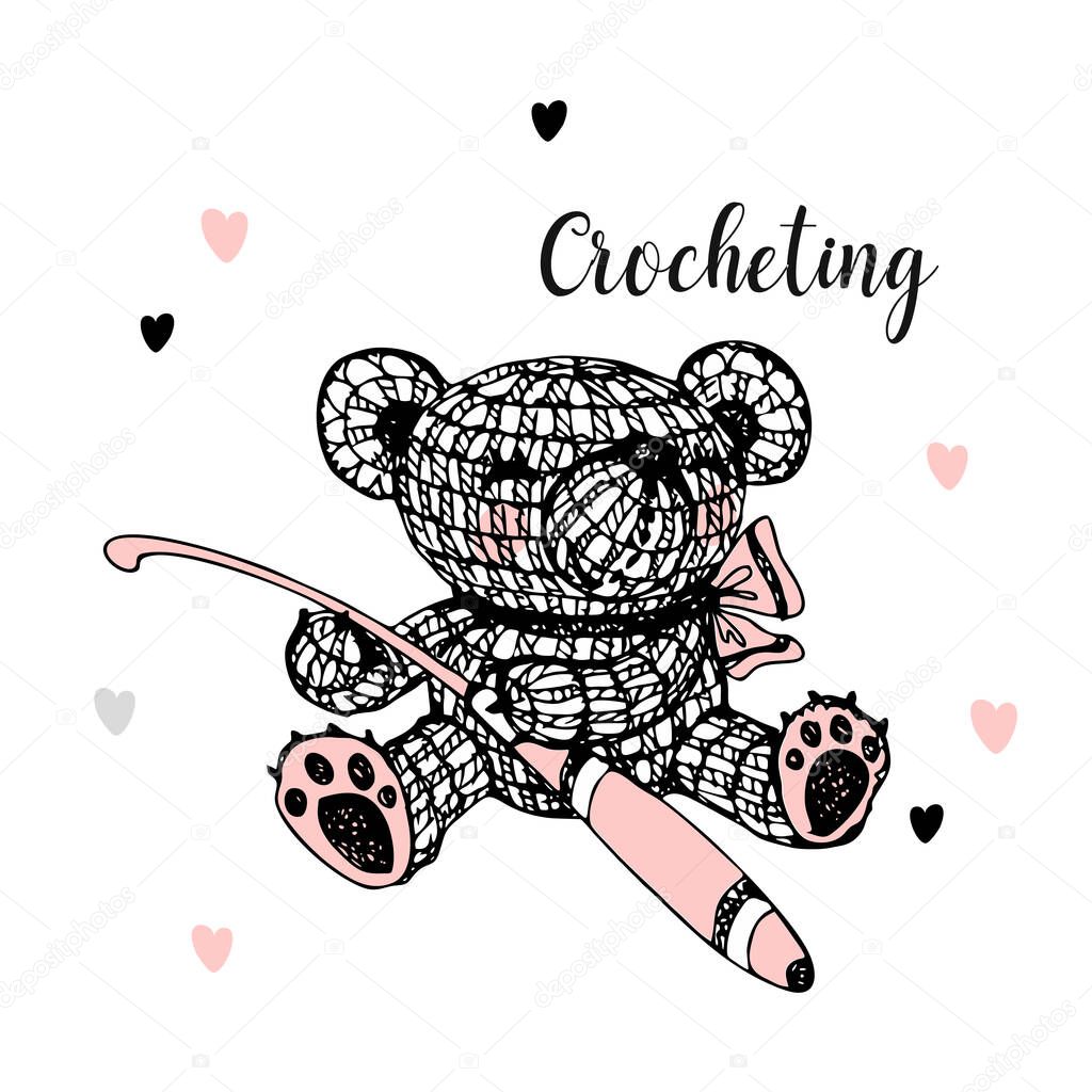 Knitted teddy bear with a crochet hook. Vector.