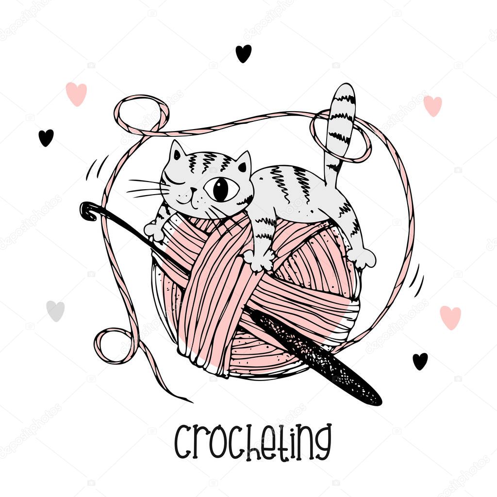 A cat on a ball of yarn. Crochet logo. Vector.