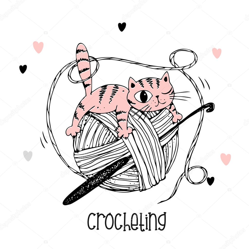 A cat on a ball of yarn. Crochet logo. Vector.