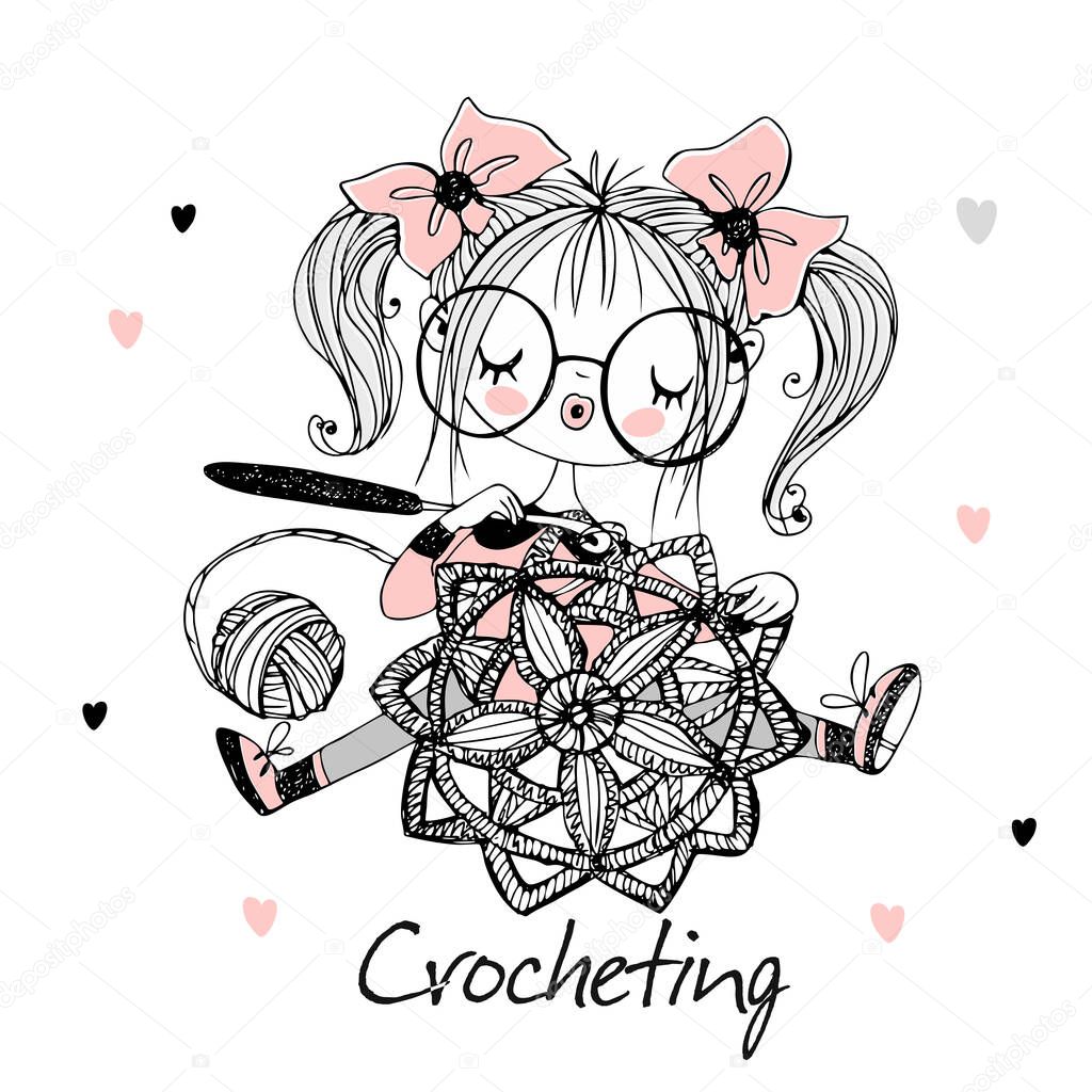 A cute needlewoman girl is crocheting an openwork napkin. Vector.