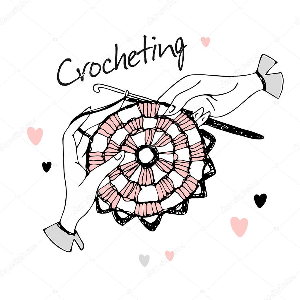Crocheting. Hands knitting a napkin. Logo Vector