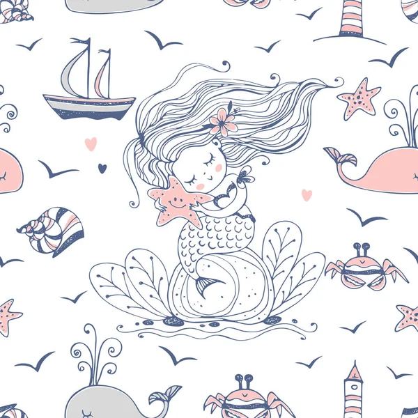 Seamless pattern with cute mermaid and sea creatures. Vector.
