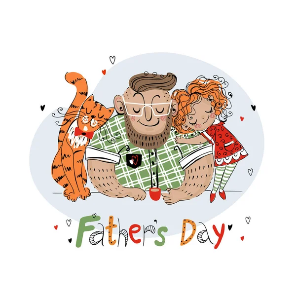 Father\'s Day card for the holiday. A father with a daughter and a cat. Vector.