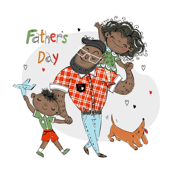 休日の父の日カード 赤いダックスフントを持つ息子とペット犬を持つ娘を持つ父 暗い肌の色ベクトル — ストックベクタ
