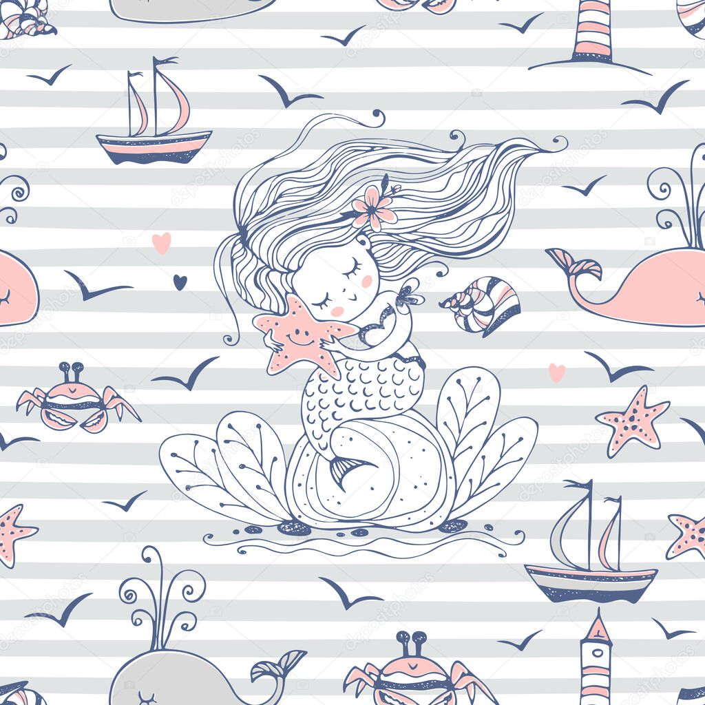 Seamless pattern with cute mermaid and sea creatures. Vector.
