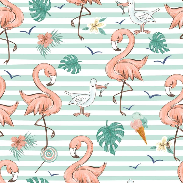 Naadloos Patroon Met Schattige Tropische Roze Flamingo Gestreepte Achtergrond — Stockfoto