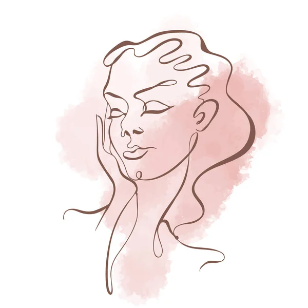 線画だ 少女の顔は一本の線で描かれている 化粧品のロゴ 美容室 水彩画のスポットで ベクトル — ストックベクタ