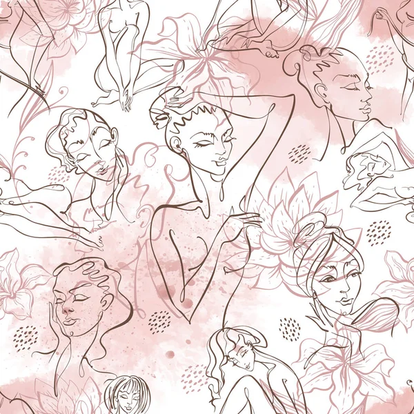 Лінійне Мистецтво Тіло Краси Безшовний Візерунок Красивими Дівчатами Акварельному Фоні — стоковий вектор