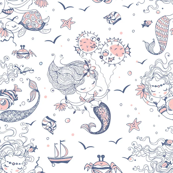 Seamless pattern with cute little mermaids. Vector.