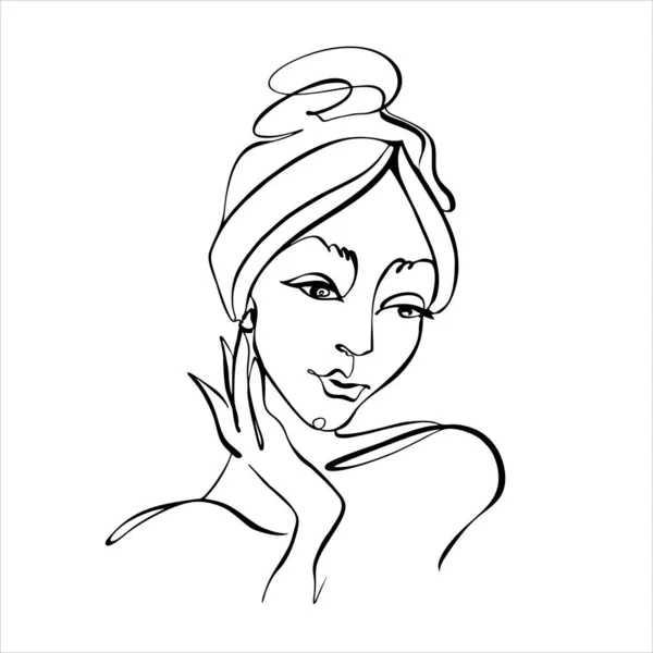 線画だ 女の子の顔は化粧品のロゴの1行で描かれています 白黒ベクトル — ストックベクタ