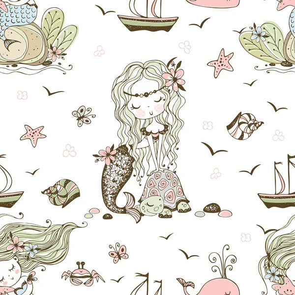 Seamless Pattern Cute Little Mermaids Vector — Stock Vector