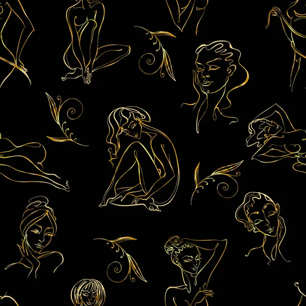 Line Art Beauty Body Seamless Pattern Gold Black Background Beautiful — Stock Vector