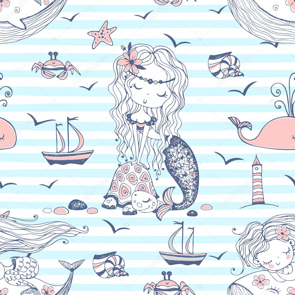 Seamless pattern with cute mermaids on a striped background. Vector.