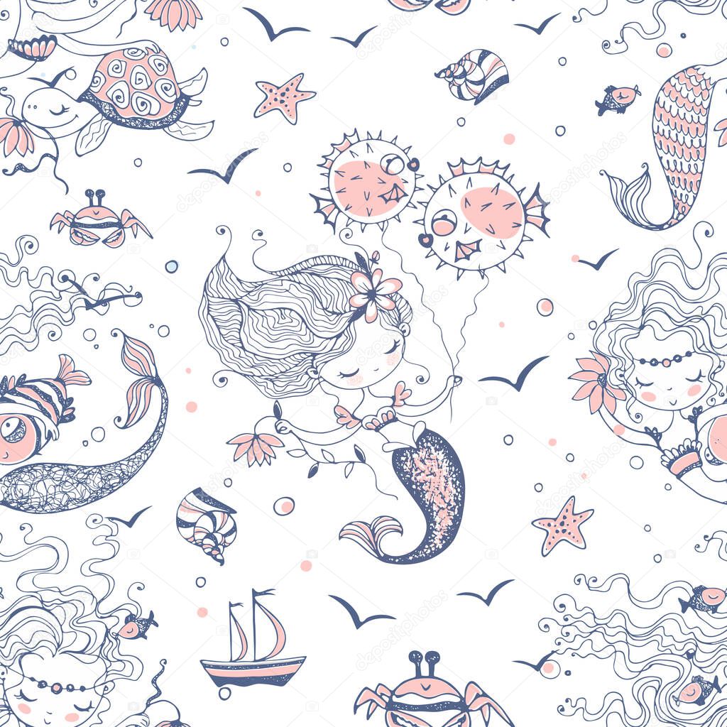 Seamless pattern with cute little mermaids. Vector.