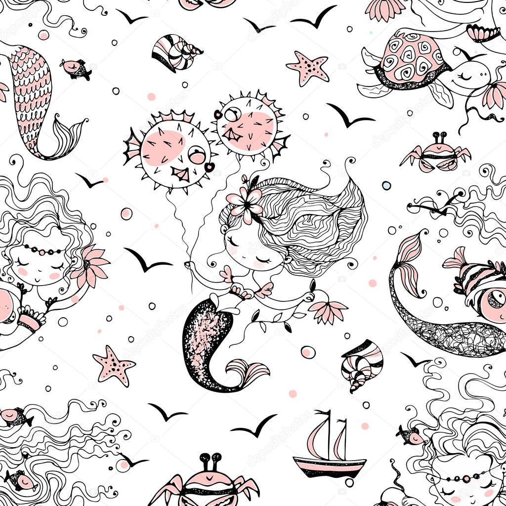 Seamless pattern with cute little mermaids. Vector.