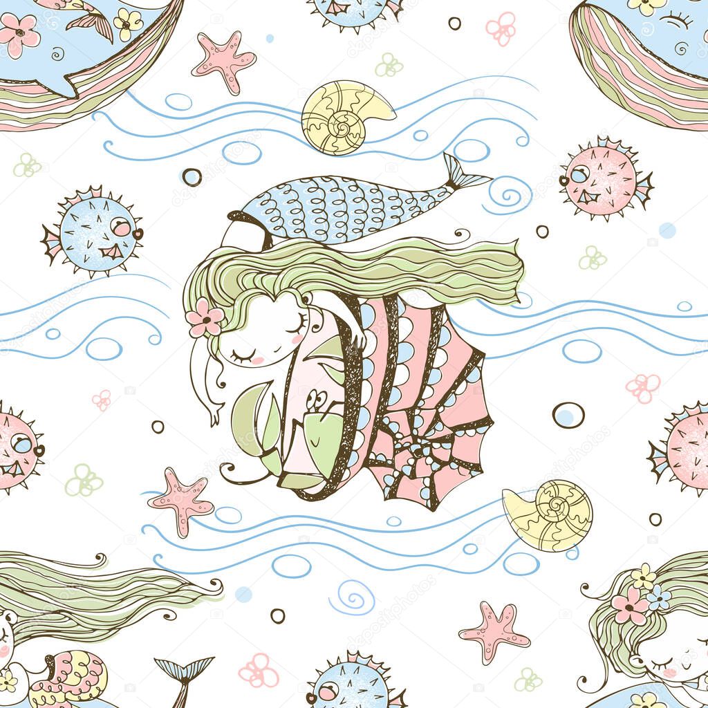 Seamless pattern with cute little mermaids and sea animals. Vector.