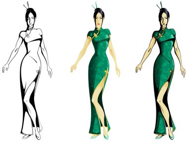 Cheongsam giyen Çinli bir kızın üç versiyonu