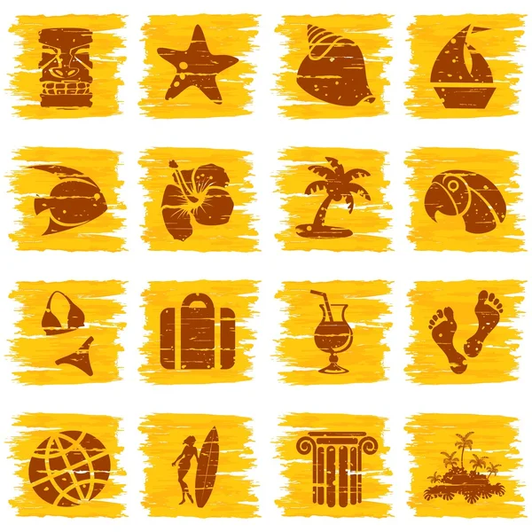 Square grungy tropical buttons in sunny tones — Stock Vector