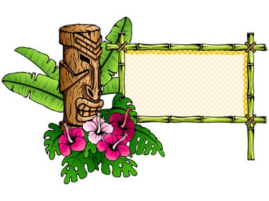 Vibrantly colored hawaiian banner with tiki statue clipart