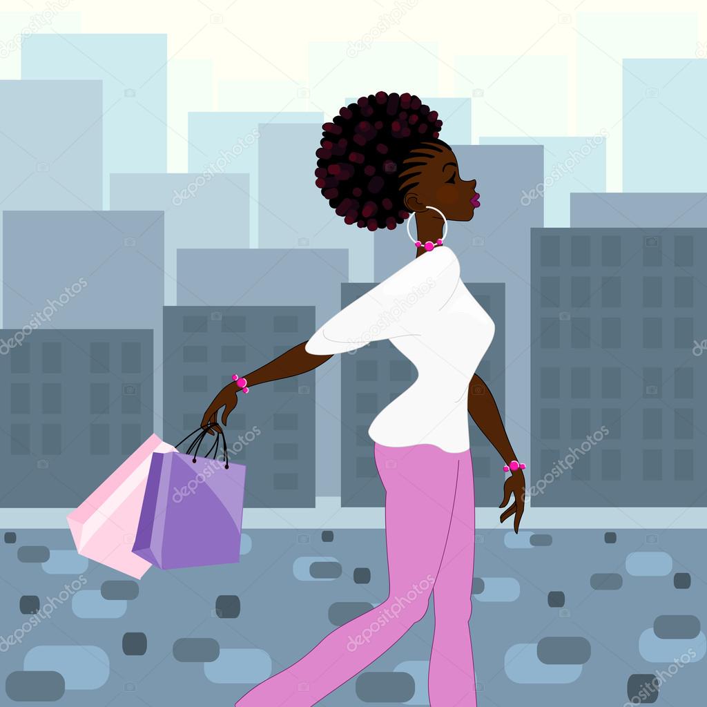 Dark-skinned woman shopping in the city