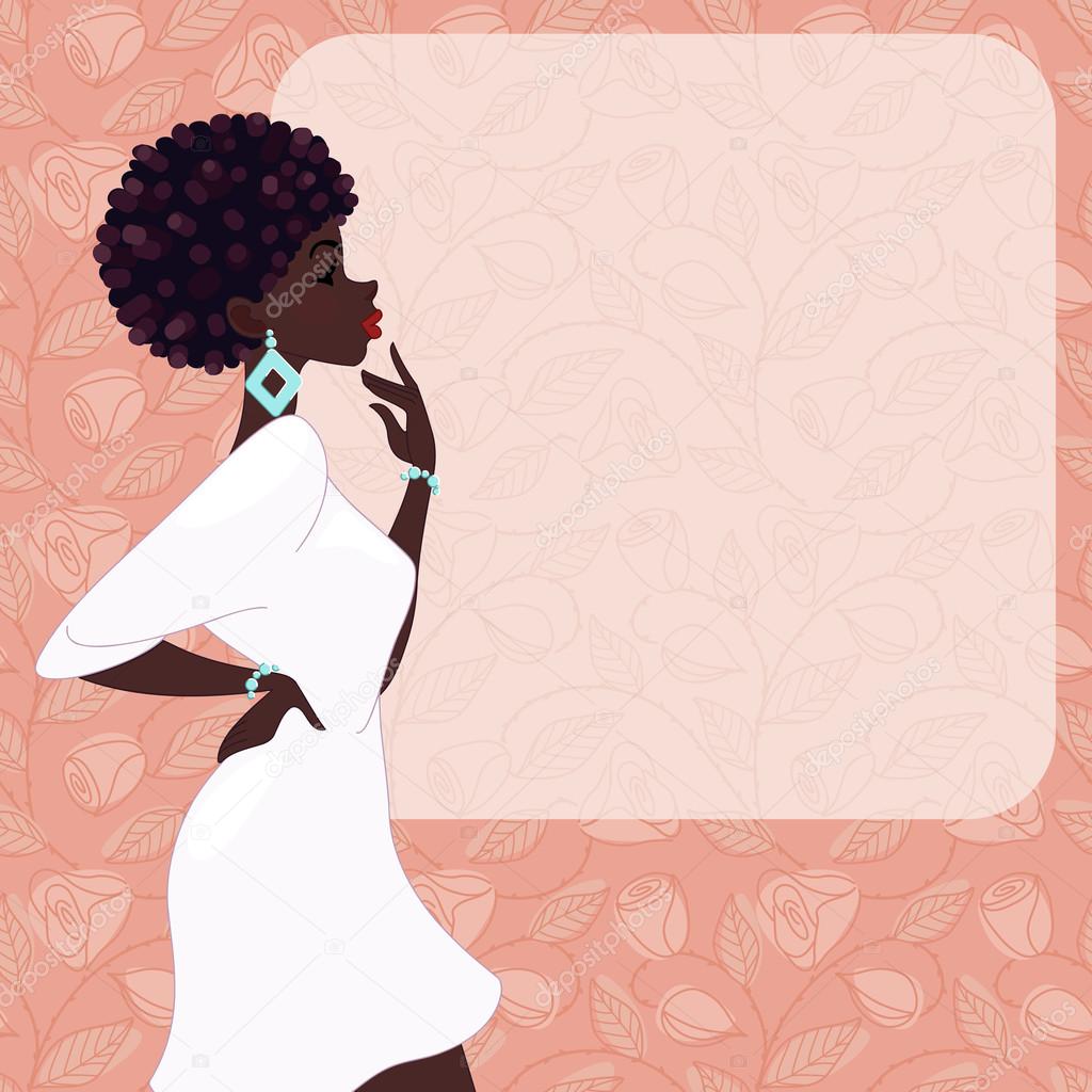 Dark-skinned woman on a pink background